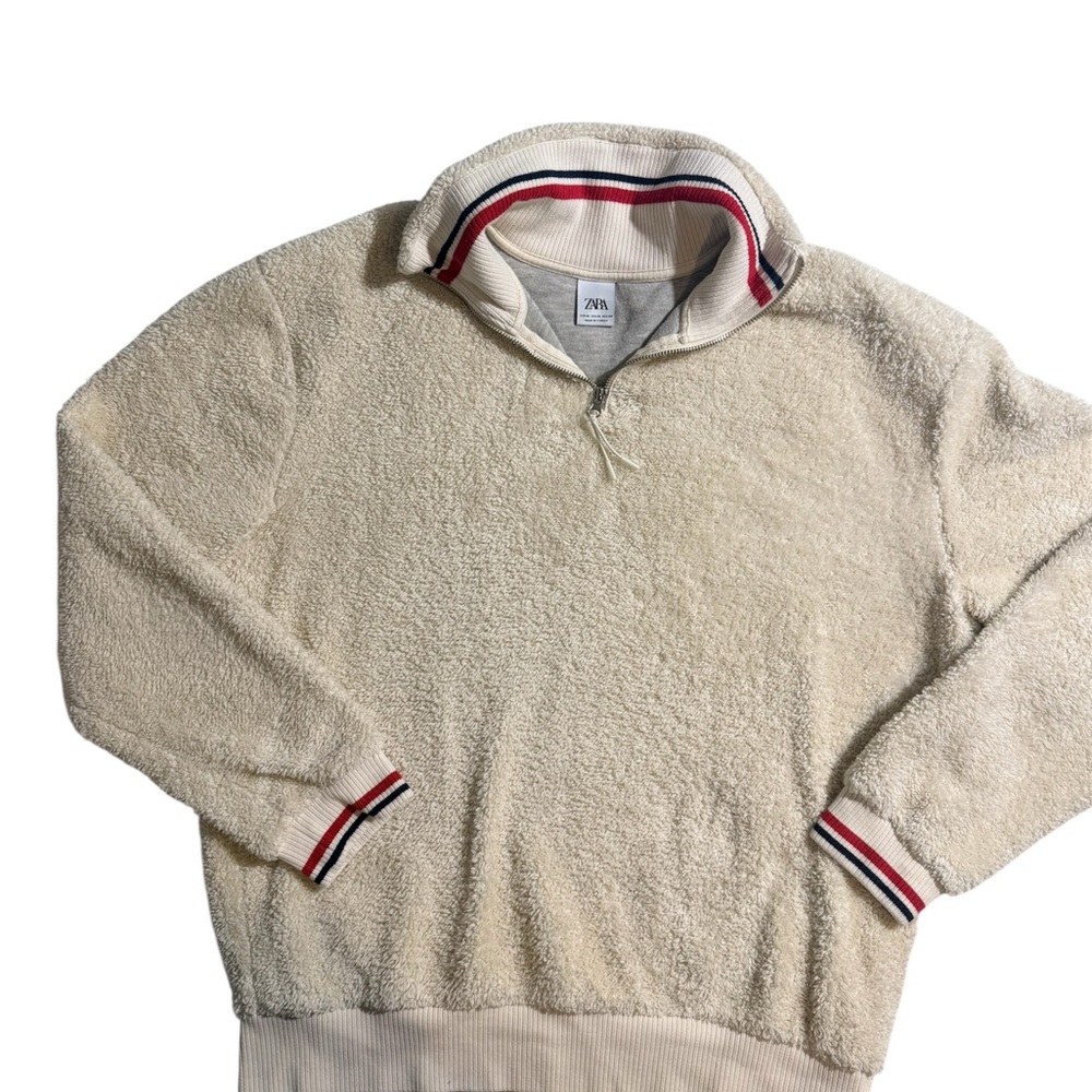 ZARA Men’s XL 1/4 Zip Cream Faux Fur Pullover Sweater Striped Varsity Style